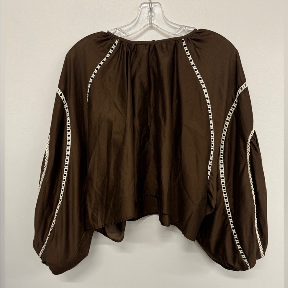 Brown oversized long sleeves draped midi top with white contrast detail blouse